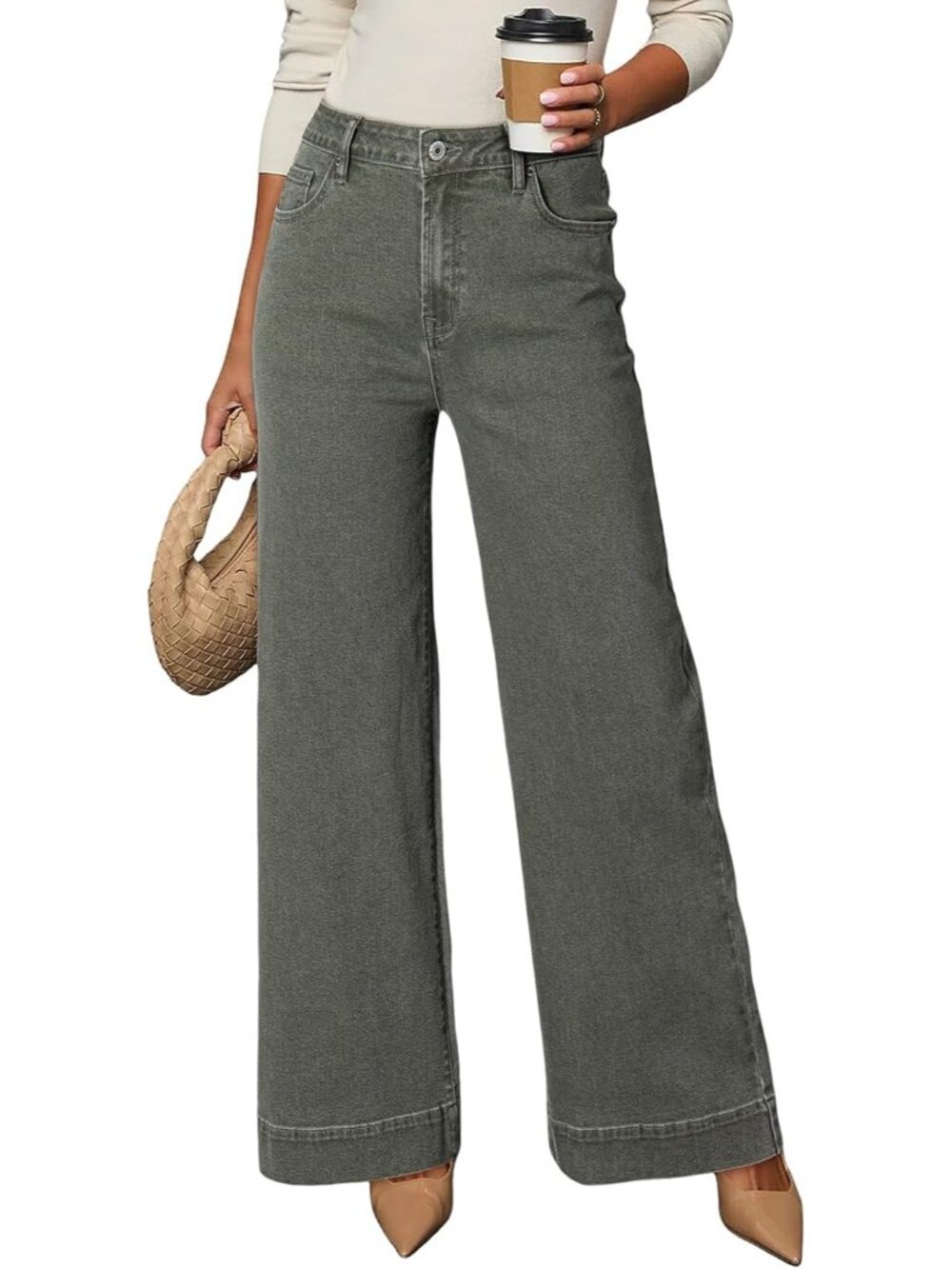 Women's Green High Waisted Jeans Stretch Wide Leg Loose Denim Baggy Pant Jeans